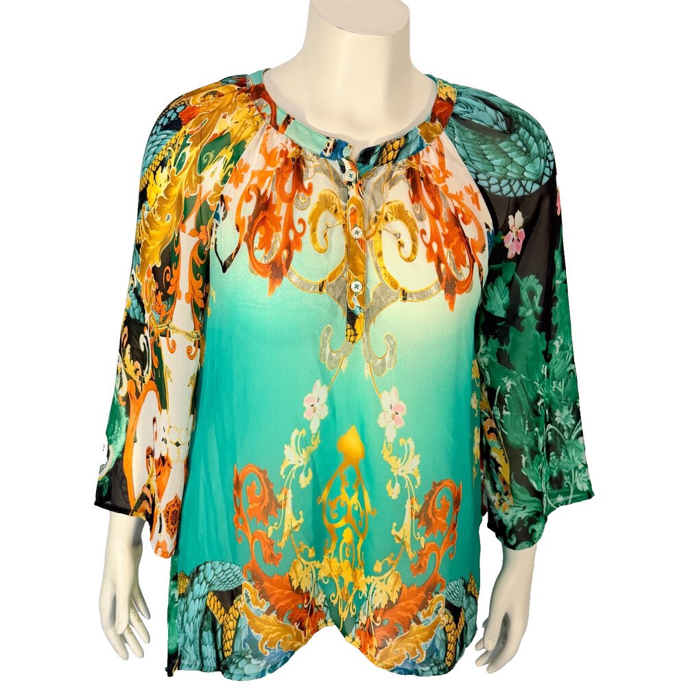 Bellisima Beach Coverup Blouse Women's L Green Chiffon Animal Damask Sublimation